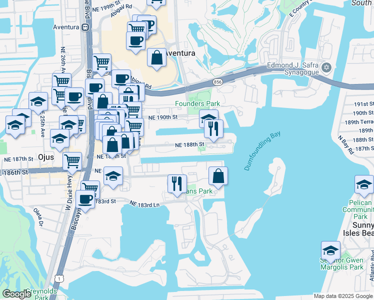 map of restaurants, bars, coffee shops, grocery stores, and more near 3000 Northeast 188th Street in Aventura