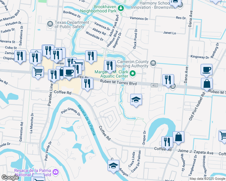 map of restaurants, bars, coffee shops, grocery stores, and more near 2700 Farm to Market Road 802 in Brownsville