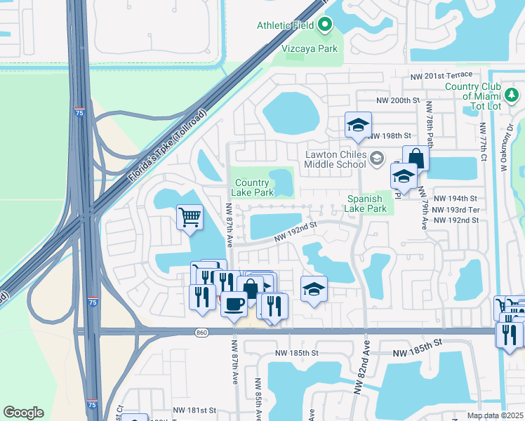 map of restaurants, bars, coffee shops, grocery stores, and more near 8480 Northwest 193rd Lane in Hialeah