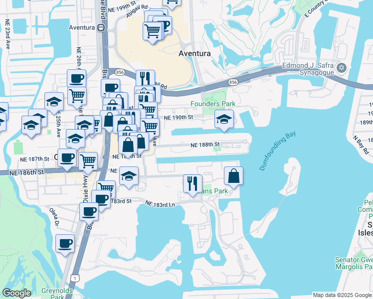 map of restaurants, bars, coffee shops, grocery stores, and more near 2950 Northeast 188th Street in Aventura