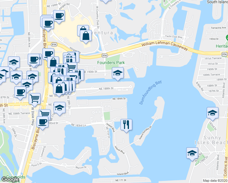 map of restaurants, bars, coffee shops, grocery stores, and more near 3030 Northeast 188th Street in Aventura