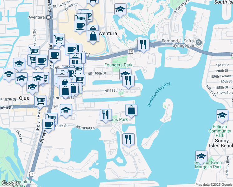 map of restaurants, bars, coffee shops, grocery stores, and more near 3030 Northeast 188th Street in Aventura