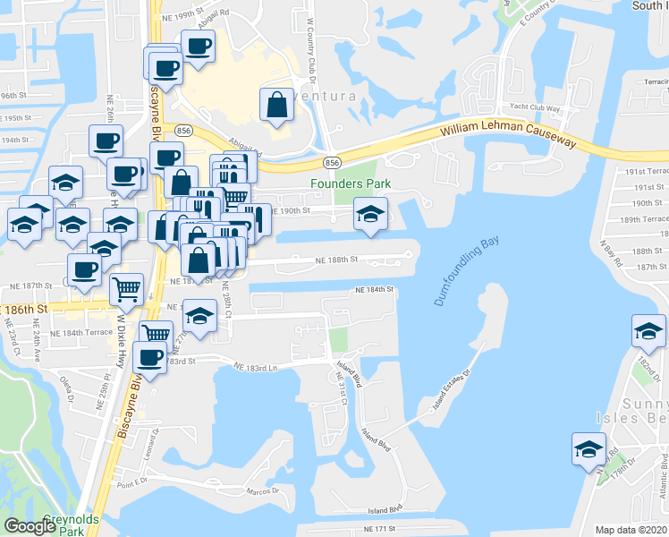map of restaurants, bars, coffee shops, grocery stores, and more near 3020 Northeast 188th Street in Miami