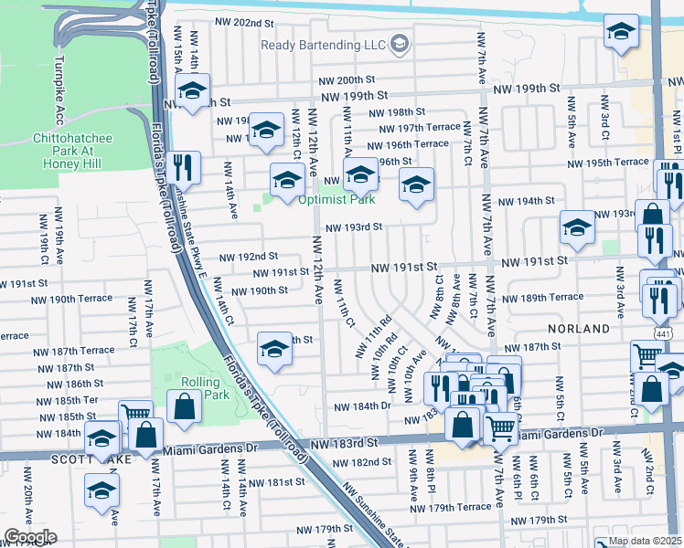 map of restaurants, bars, coffee shops, grocery stores, and more near 19000 Northwest 11th Avenue in Miami
