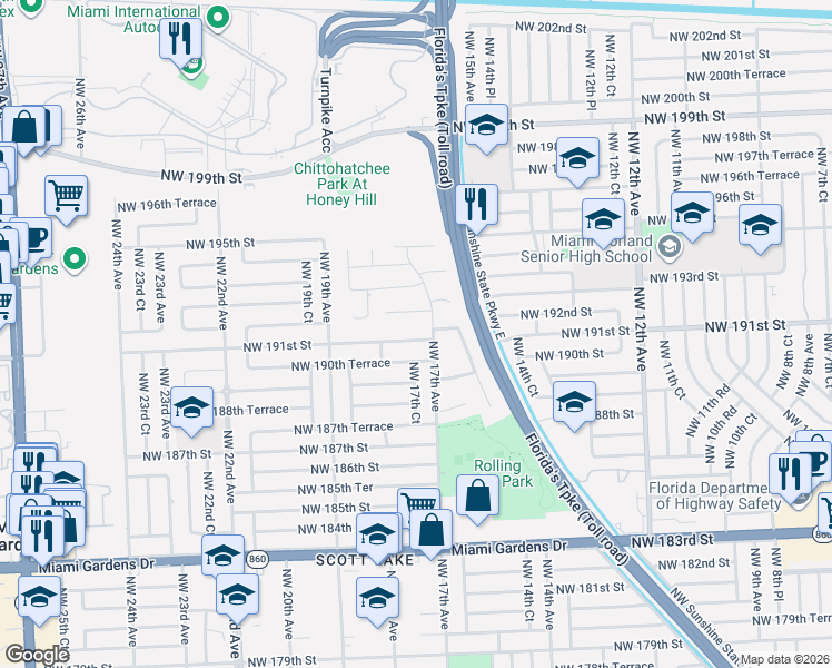 map of restaurants, bars, coffee shops, grocery stores, and more near 1730 Northwest 191st Street in Miami Gardens