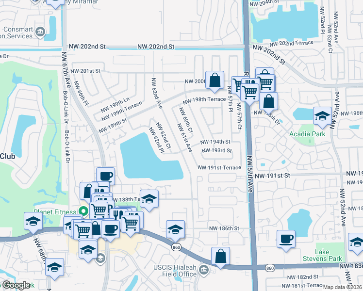 map of restaurants, bars, coffee shops, grocery stores, and more near 19425 Northwest 62nd Court in Hialeah