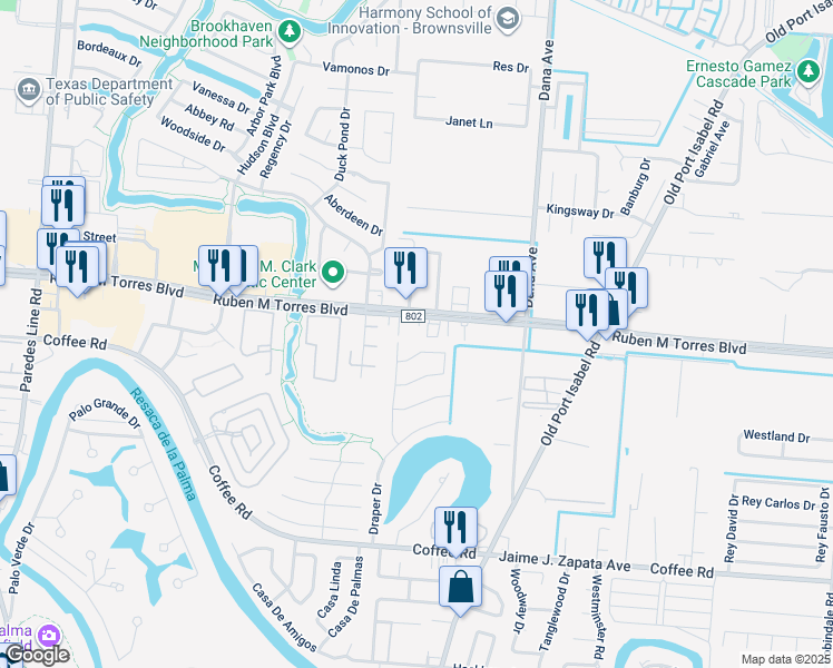 map of restaurants, bars, coffee shops, grocery stores, and more near 3090 Ruben M Torres Boulevard in Brownsville