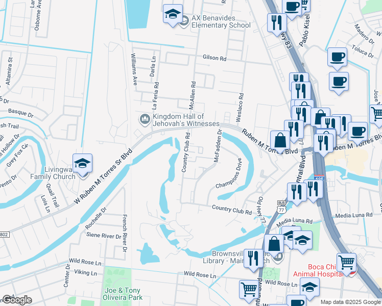 map of restaurants, bars, coffee shops, grocery stores, and more near 144 Country Club Road in Brownsville