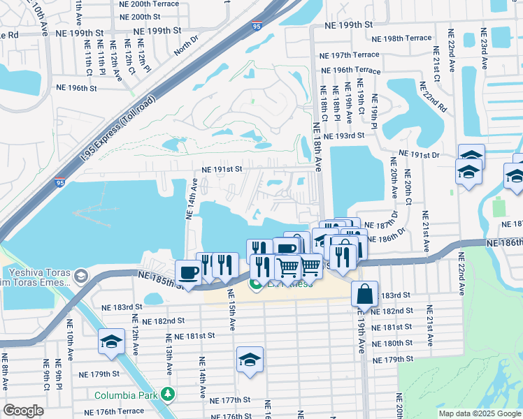 map of restaurants, bars, coffee shops, grocery stores, and more near 1670 Northeast 191st Street in North Miami Beach