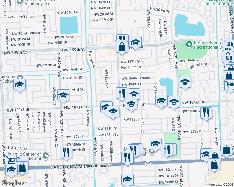 map of restaurants, bars, coffee shops, grocery stores, and more near 19200 Northwest 37th Avenue in Miami Gardens