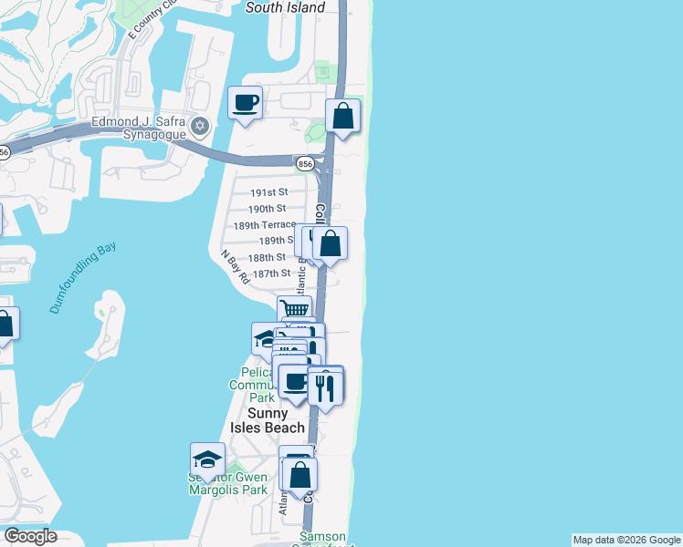 map of restaurants, bars, coffee shops, grocery stores, and more near 18671 Collins Avenue in Sunny Isles Beach