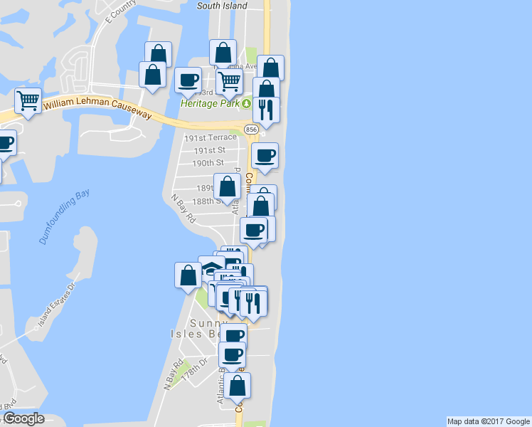 map of restaurants, bars, coffee shops, grocery stores, and more near 18671 Collins Avenue in Sunny Isles Beach