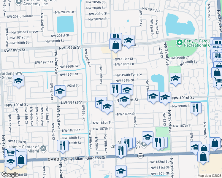 map of restaurants, bars, coffee shops, grocery stores, and more near 19200 Northwest 37th Avenue in Miami Gardens