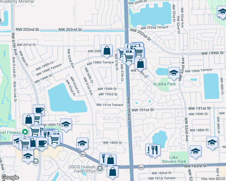 map of restaurants, bars, coffee shops, grocery stores, and more near 5780 Northwest 193rd Street in Hialeah