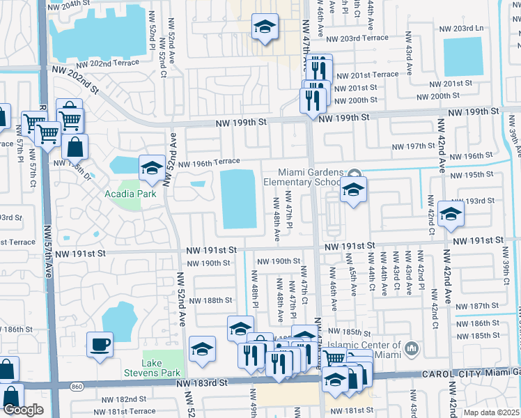 map of restaurants, bars, coffee shops, grocery stores, and more near 19230 Northwest 48th Court in Miami Gardens