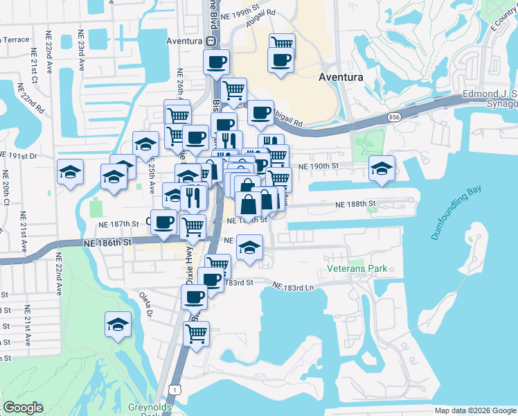 map of restaurants, bars, coffee shops, grocery stores, and more near 2780 Northeast 187th Street in Miami