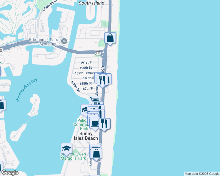 map of restaurants, bars, coffee shops, grocery stores, and more near 18671 Collins Avenue in Sunny Isles Beach