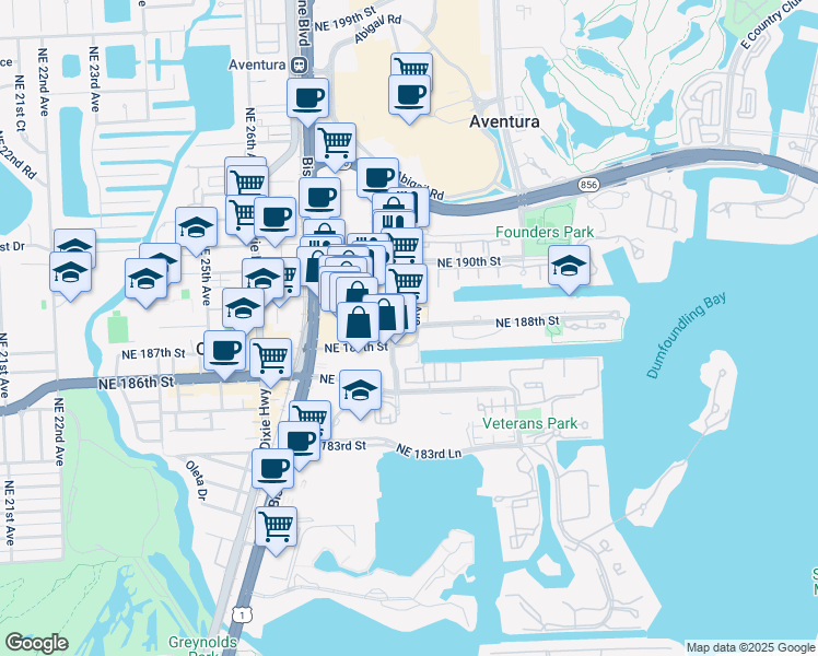 map of restaurants, bars, coffee shops, grocery stores, and more near 2801 Northeast 187th Street in Aventura