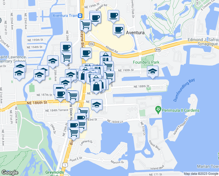 map of restaurants, bars, coffee shops, grocery stores, and more near 2801 Northeast 187th Street in Aventura