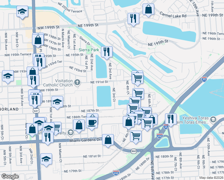 map of restaurants, bars, coffee shops, grocery stores, and more near 18900 Northeast 3rd Court in North Miami Beach