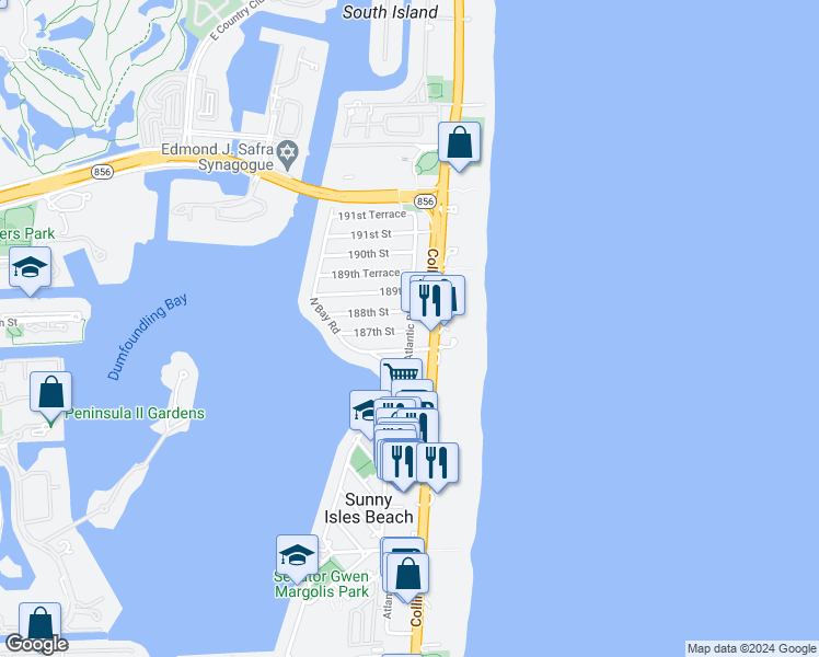 map of restaurants, bars, coffee shops, grocery stores, and more near 221 186th Street in Sunny Isles Beach