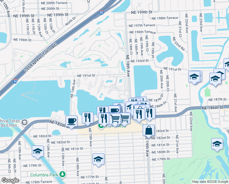 map of restaurants, bars, coffee shops, grocery stores, and more near 1750 Northeast 191st Street in North Miami Beach