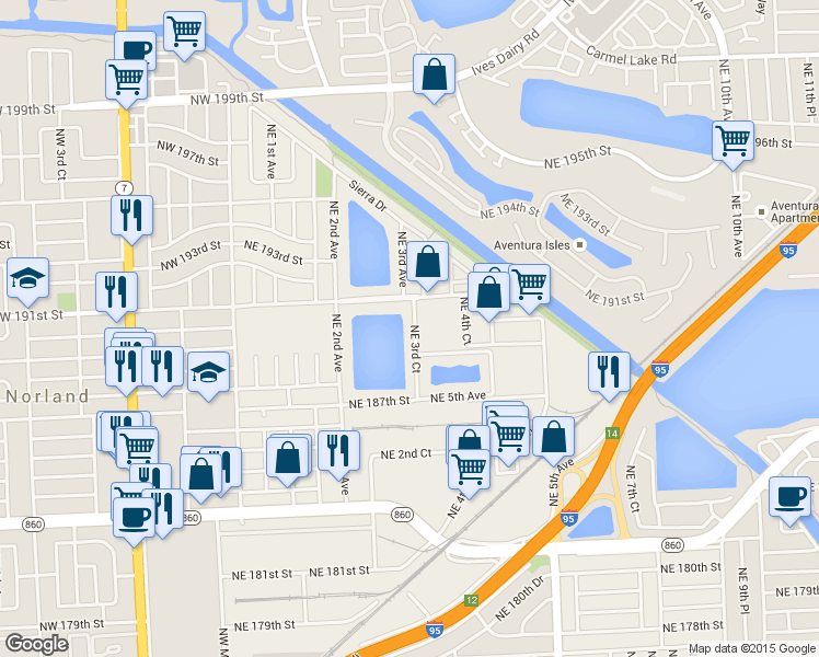 map of restaurants, bars, coffee shops, grocery stores, and more near 18900 Northeast 3rd Court in North Miami Beach