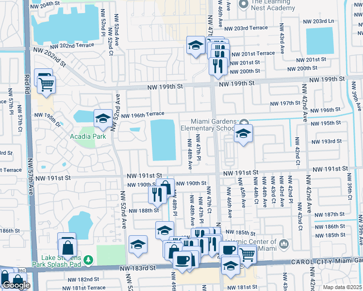 map of restaurants, bars, coffee shops, grocery stores, and more near 19230 Northwest 48th Court in Miami Gardens