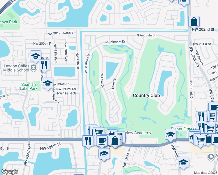 map of restaurants, bars, coffee shops, grocery stores, and more near 19224 East Lake Drive in Hialeah