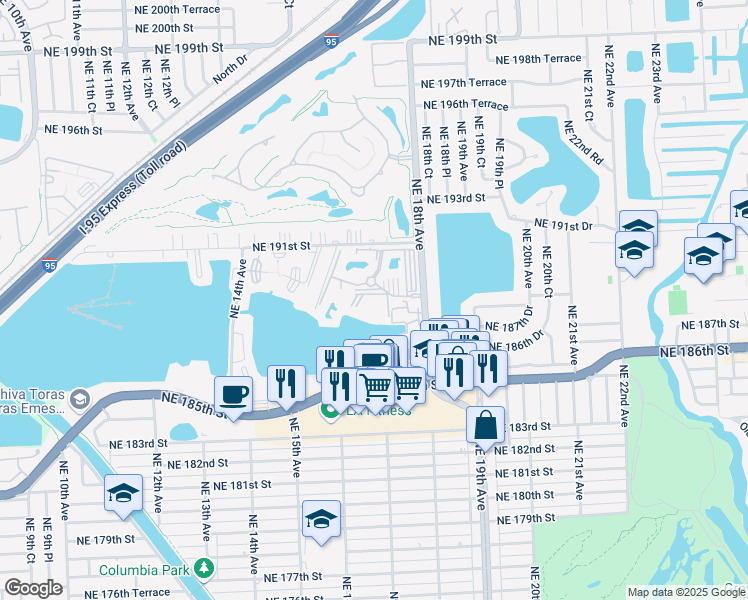map of restaurants, bars, coffee shops, grocery stores, and more near 1750 Northeast 191st Street in North Miami Beach