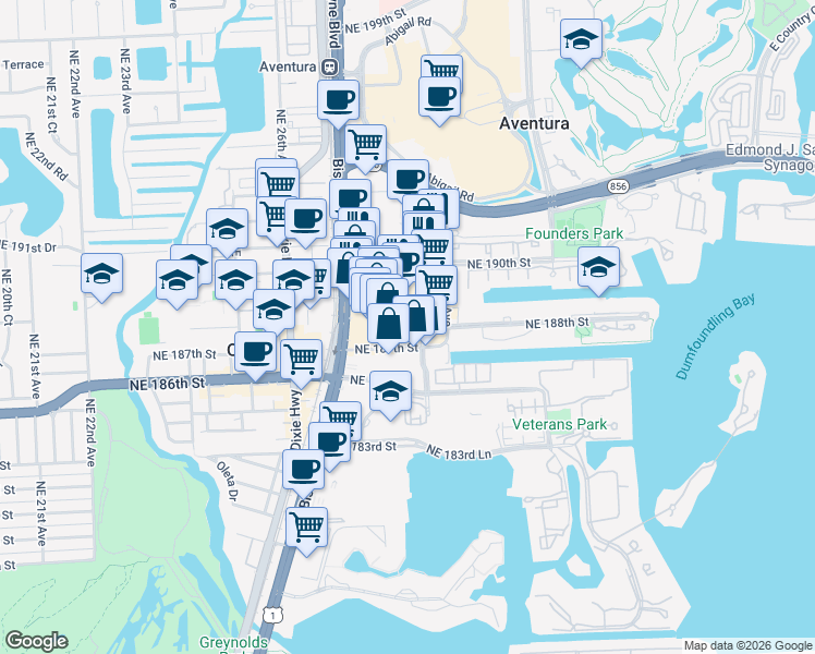 map of restaurants, bars, coffee shops, grocery stores, and more near 2801 Northeast 187th Street in Aventura