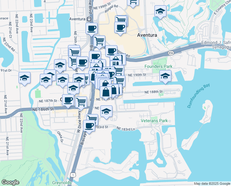 map of restaurants, bars, coffee shops, grocery stores, and more near 18800 Northeast 29th Avenue in Miami