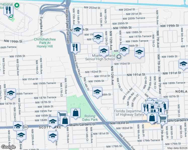 map of restaurants, bars, coffee shops, grocery stores, and more near 1345 Northwest 192nd Street in Miami