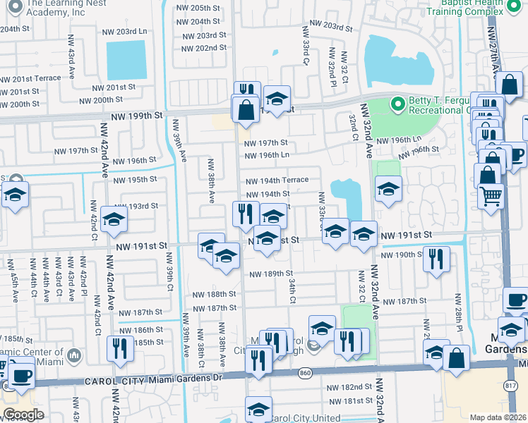 map of restaurants, bars, coffee shops, grocery stores, and more near 3550 Northwest 194th Street in Miami Gardens