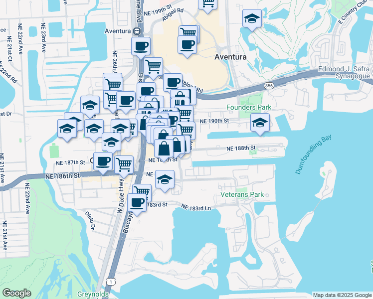 map of restaurants, bars, coffee shops, grocery stores, and more near 18800 Northeast 29th Avenue in Aventura
