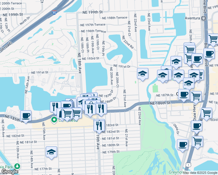 map of restaurants, bars, coffee shops, grocery stores, and more near 18910 Northeast 20th Avenue in North Miami Beach