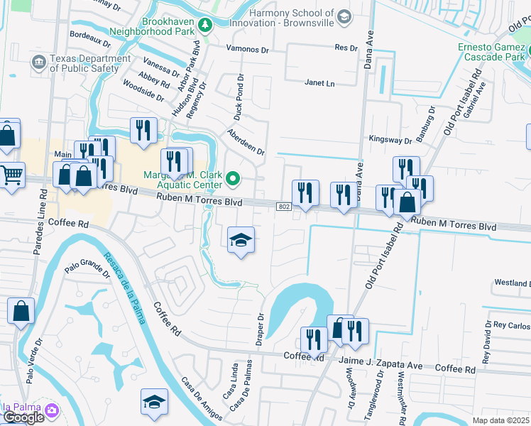 map of restaurants, bars, coffee shops, grocery stores, and more near 3090 East Ruben M Torres Sr Boulevard in Brownsville