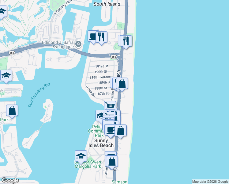 map of restaurants, bars, coffee shops, grocery stores, and more near in Sunny Isles Beach