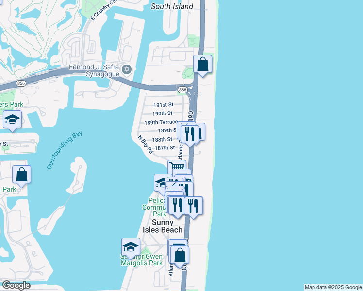map of restaurants, bars, coffee shops, grocery stores, and more near in Sunny Isles Beach