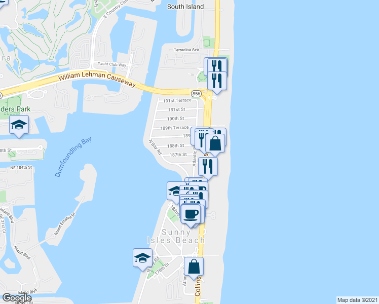 map of restaurants, bars, coffee shops, grocery stores, and more near 221 188th Street in Sunny Isles Beach