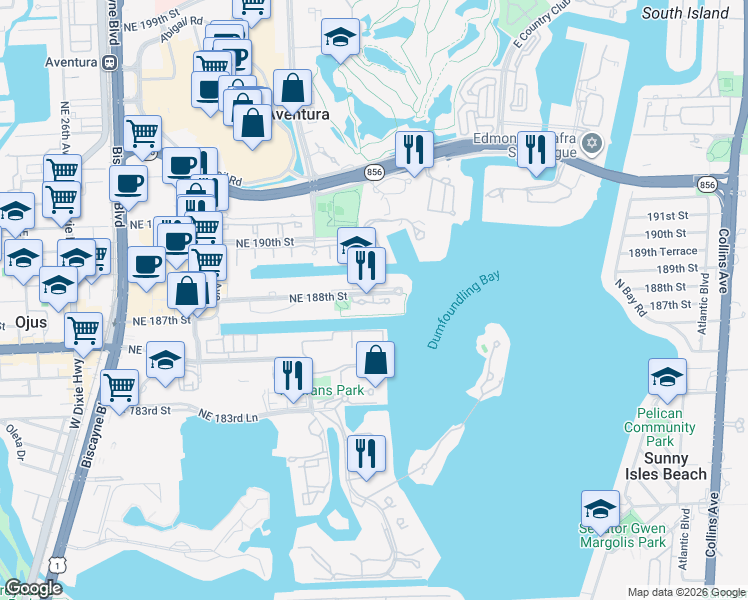 map of restaurants, bars, coffee shops, grocery stores, and more near 3333 Northeast 188th Street in Miami