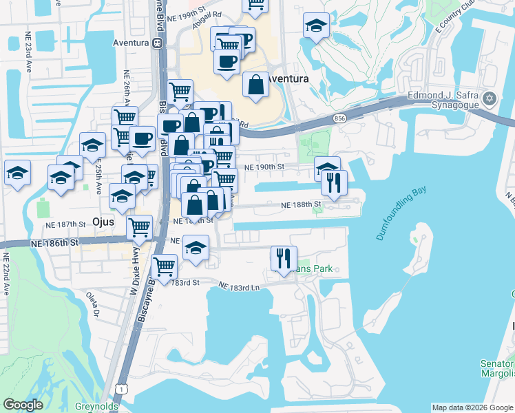 map of restaurants, bars, coffee shops, grocery stores, and more near 3029 Northeast 188th Street in Aventura