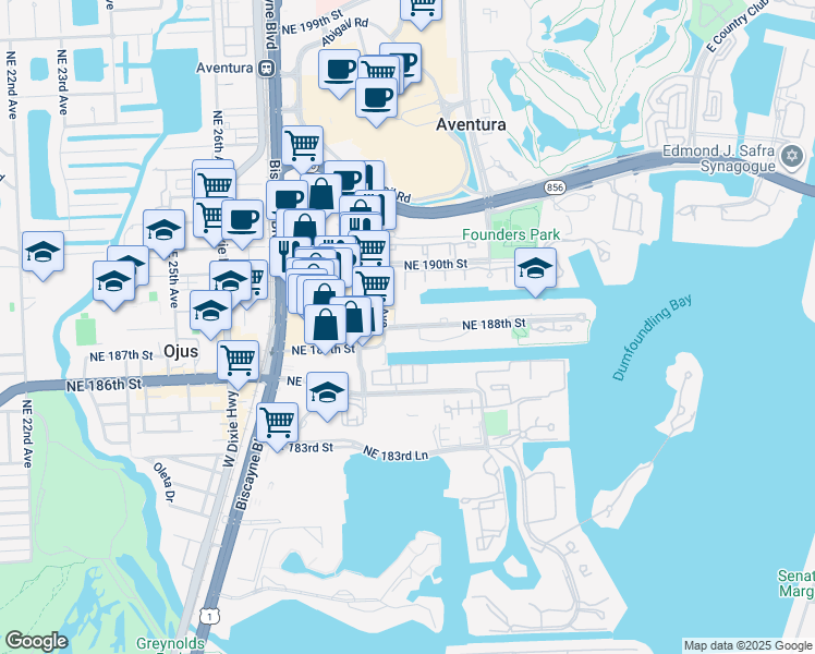 map of restaurants, bars, coffee shops, grocery stores, and more near 18851 Northeast 29th Avenue in Aventura