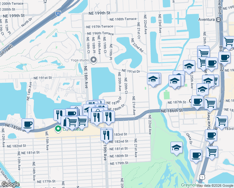 map of restaurants, bars, coffee shops, grocery stores, and more near 18910 Northeast 20th Avenue in North Miami Beach