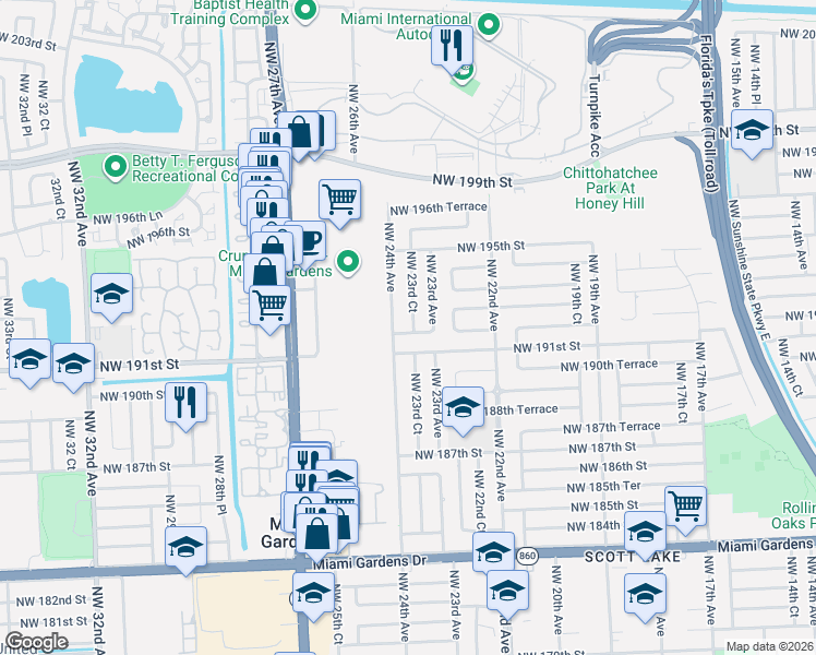 map of restaurants, bars, coffee shops, grocery stores, and more near 19232 Northwest 23rd Court in Miami Gardens