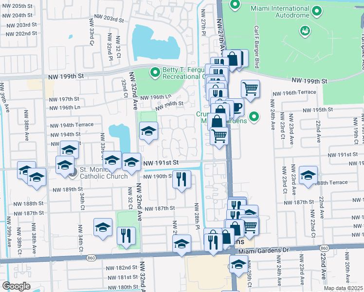 map of restaurants, bars, coffee shops, grocery stores, and more near 2911 Northwest 193rd Street in Miami Gardens