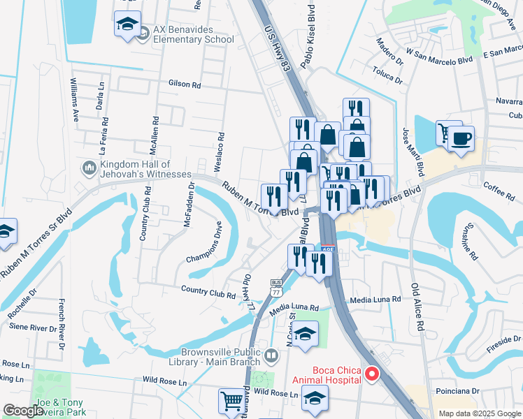 map of restaurants, bars, coffee shops, grocery stores, and more near 811-883 Ruben M Torres Sr Boulevard in Brownsville