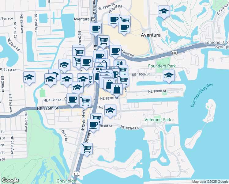 map of restaurants, bars, coffee shops, grocery stores, and more near 18831 Biscayne Boulevard in Aventura