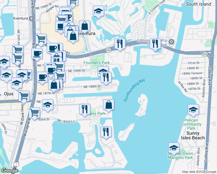 map of restaurants, bars, coffee shops, grocery stores, and more near 3333 Northeast 188th Street in Miami