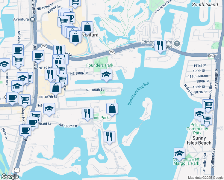 map of restaurants, bars, coffee shops, grocery stores, and more near 3333 Northeast 188th Street in Miami